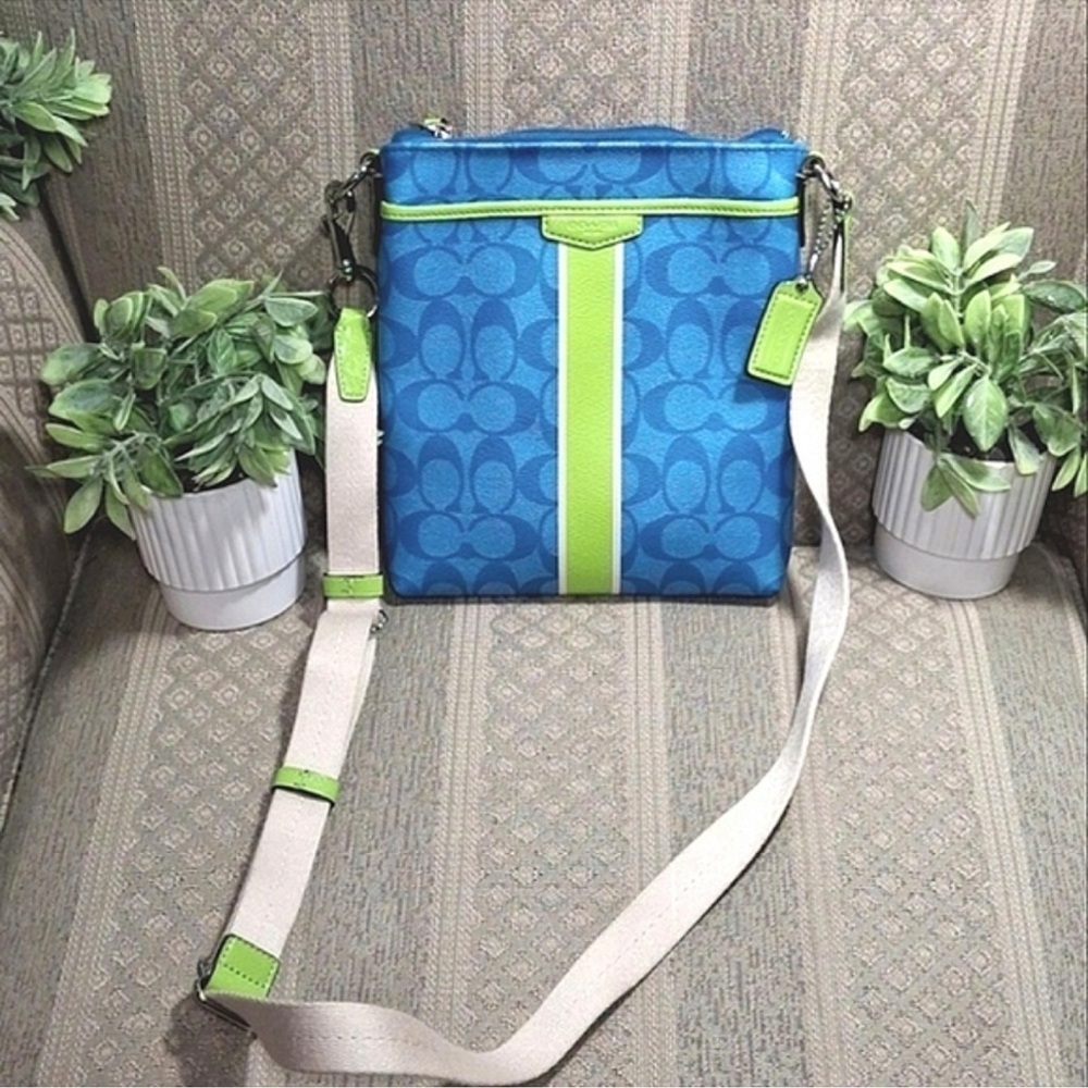 Coach Monogrammed Blue and Green Canvas Crossbody Bag EUC